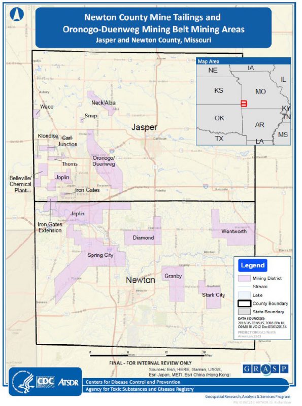 Map of the mining areas within Jasper and Newton Counties Missouri.