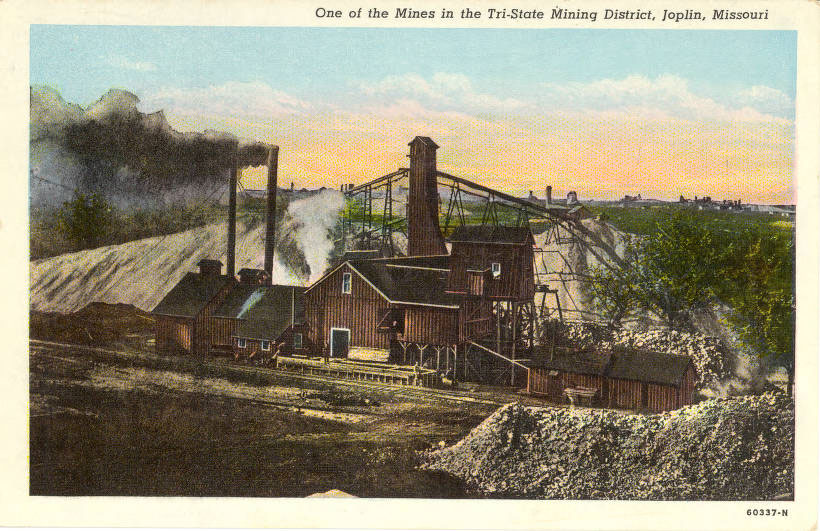 Historical drawing depicting lead mining, milling, and smelting. Tri-State Mining District, Joplin, Missouri.