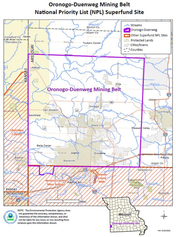 Map of the Oronogo-Duenweg Mining Belt Superfund Site in Jasper County Missouri.