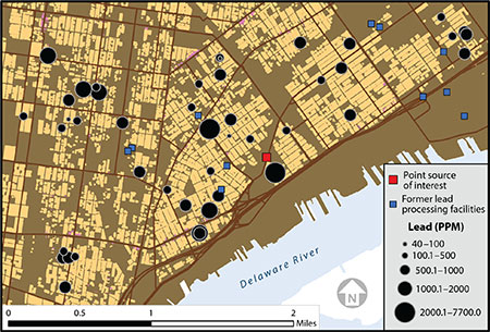 Figure 2: Soil lead sampling results from the 2014 study area, Philadelphia, PA