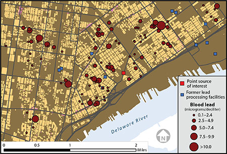 Figure 1: Soil lead sampling results from the 2014 study area, Philadelphia, PA