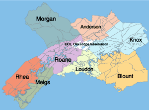 Map showing the 8 county area surrounding the Oak Ridge Reservation