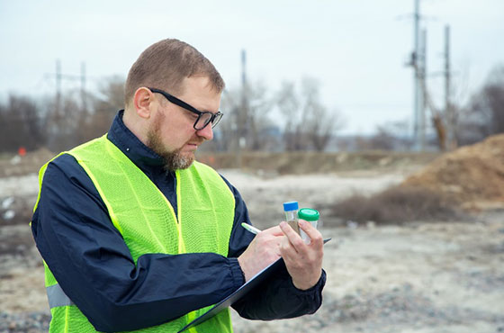 An environmental health scientist is outdoors, holding and looking at two small sampling containers, a notebook, and a pen.
