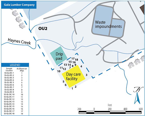 Gala Lumber Company site map showing the locations where EPA collected 18 surface soil samples in December 2015.